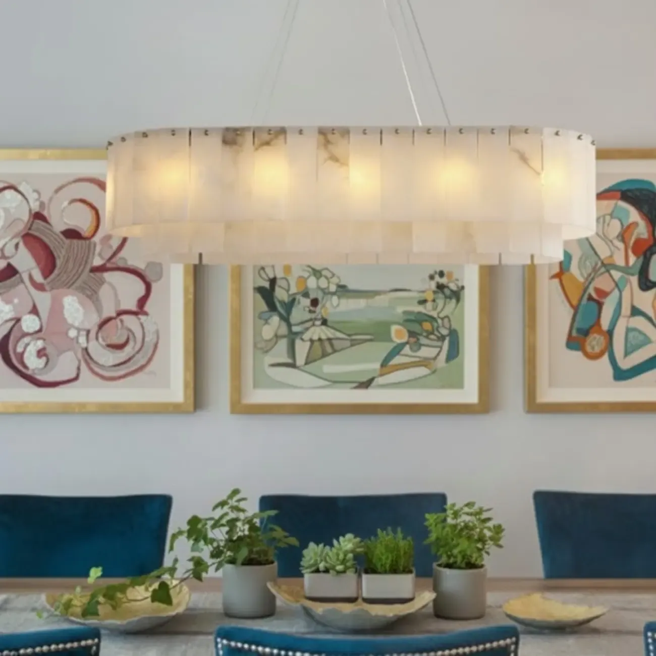 White Alabaster Brass Long Marble Island chandelier