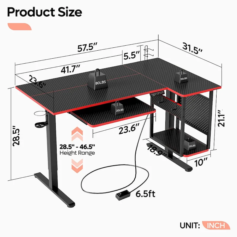 57 inch Electric Standing Desk Adjustable Height L Shaped Desk with Keyboard Tray and Host Shelf
