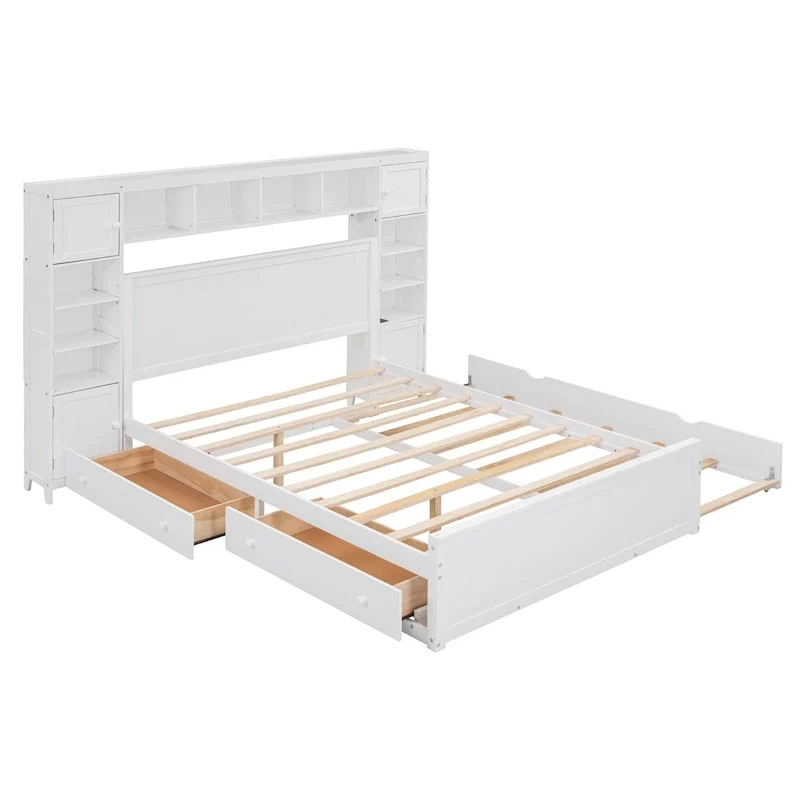 Modern Wooden Bed with Cabinet, Shelf, and Sockets