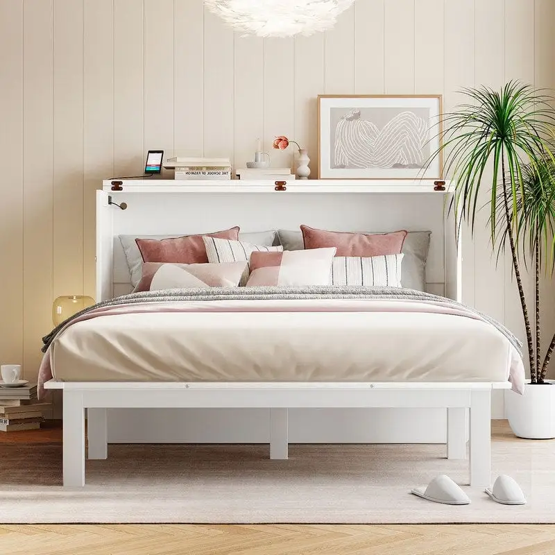 Grey / White Queen Size Murphy Bed Cabinet with Dual USB Port & 2 Sliding Desks – 2-Seater