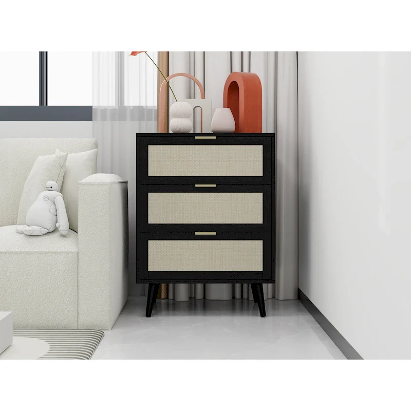 3-Drawer Side Table, Rattan Style, 5 Colors, Single