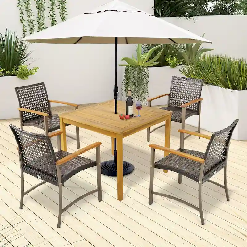 Gymax 5 PCS Patio Dining Set Acacia Wood Table w/ 1.9 Umbrella Hole