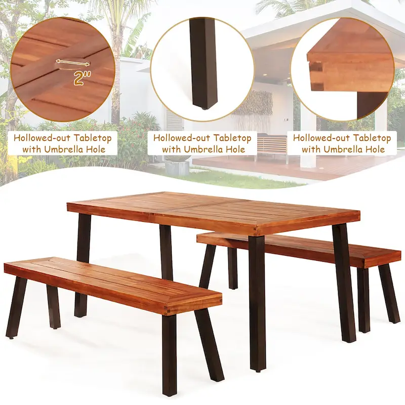 Costway 3 Pieces Picnic Table Set Acacia Wood Table Bench with Steel