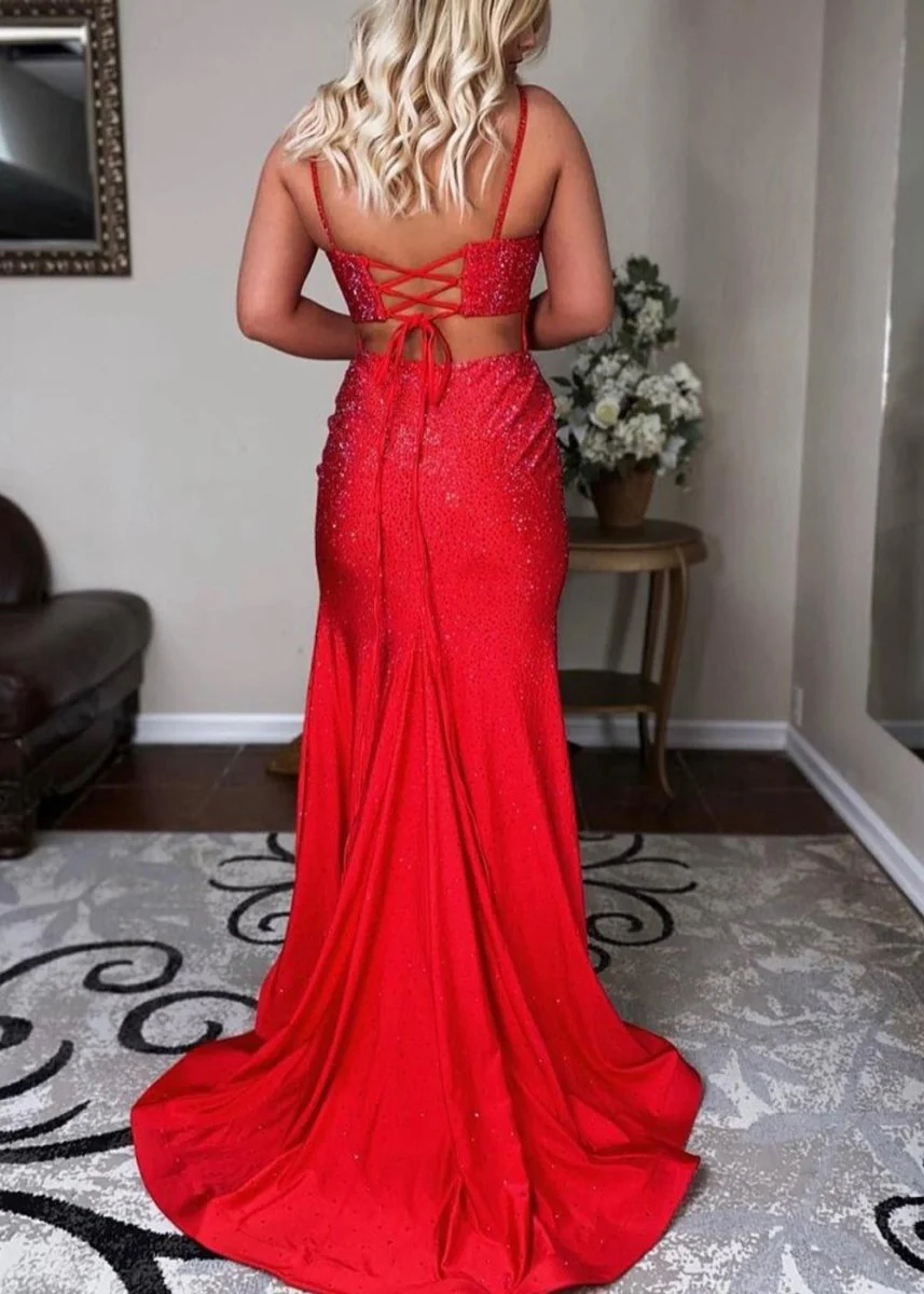 Mermaid Spaghettti Strap Beaded Satin Prom Dress with Slit