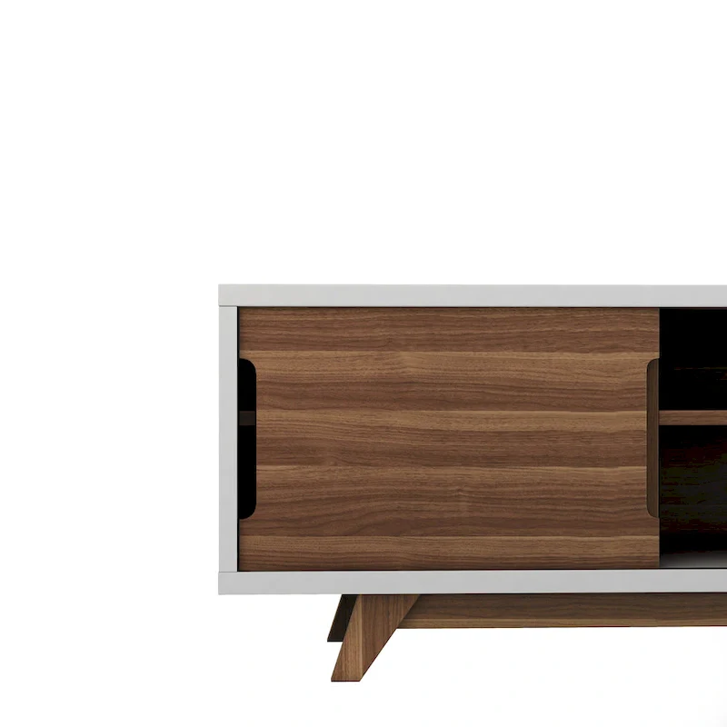 DH BASIC Mid-Century Modern White and Walnut 62-inch Wide 6-Shelf TV Stand by Denhour