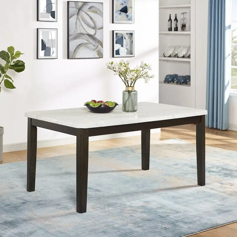 White Faux Marble Rectangular Dining Table with Brown Wood Legs – 4 to 6-Seater