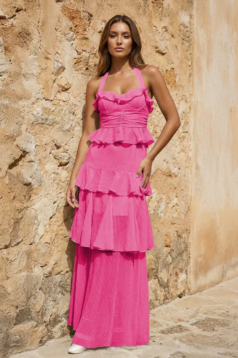 Sky Blue Halter Sheath Pleated Chiffon Long Prom Dresses With Ruffles