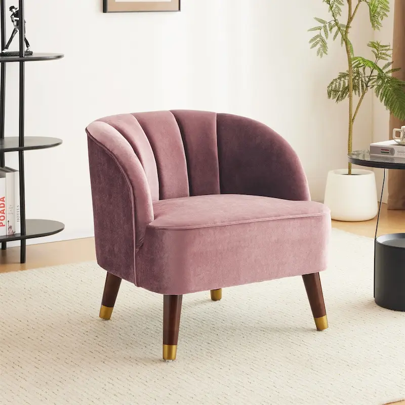 Velvet Barrel Accent Chair with Rubberwood Legs