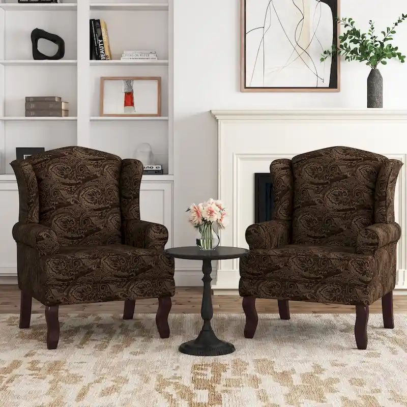 Set of 2 Elegant Living Room Wing Back Arm Chair Upholstered Accent Chair