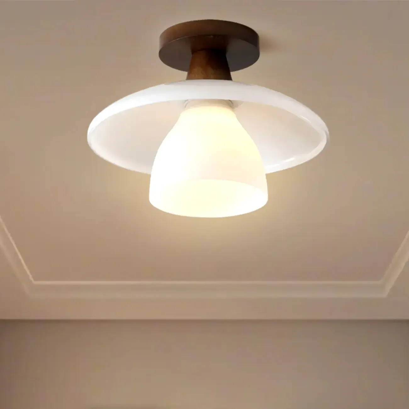 Modern Mini White Glass Wooden Semi Flush Mount Ceiling Light