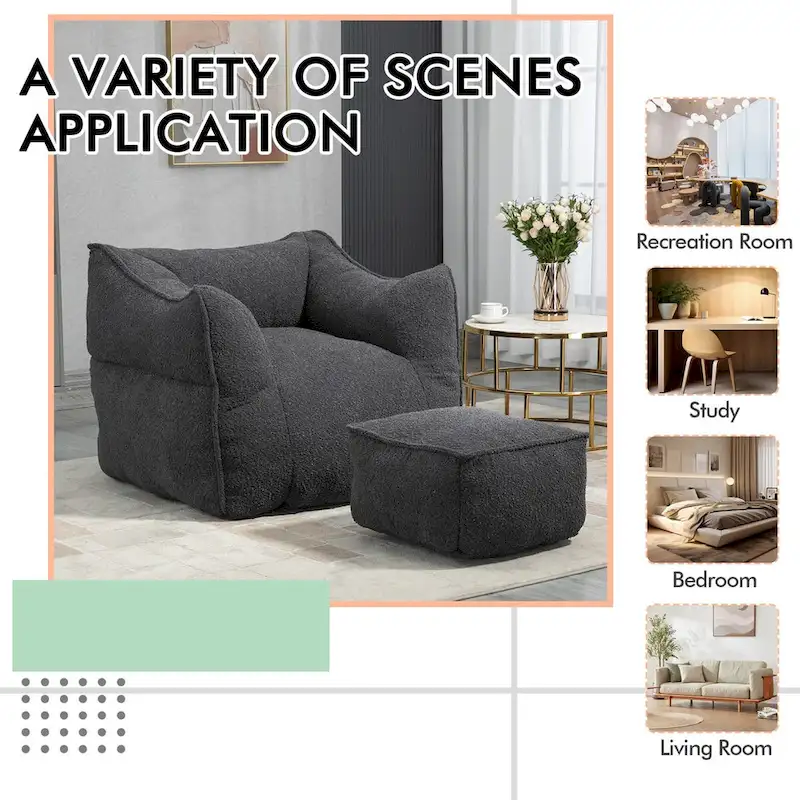 Boucle Upholstered Deep Seat Armless Square Bean Bag Chair with Ottoman