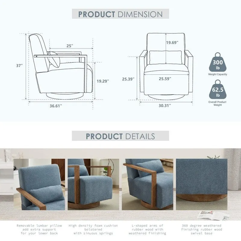 360 Degree Swivel Accent Chair with Solid Wood Armrest and Base