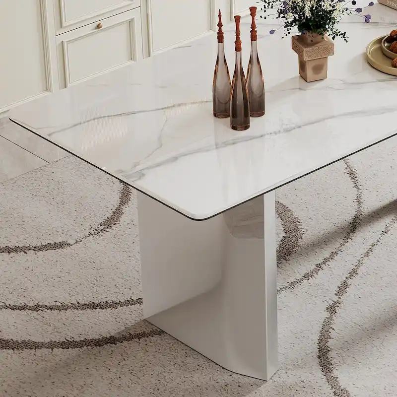 0.47 Thick Sintered Stone Composite Tempered Glass Top Rectangular Dining Table with Stainless Steel Base