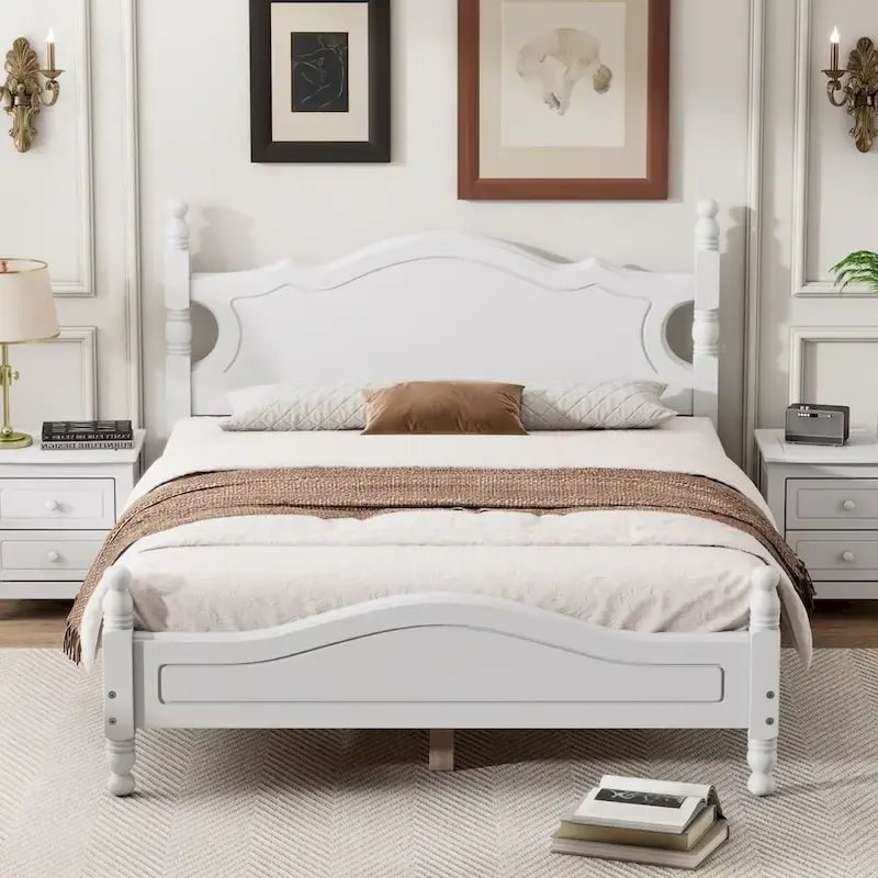 White Full Size Retro Wood Platform Bed Frame with Headboard, Single