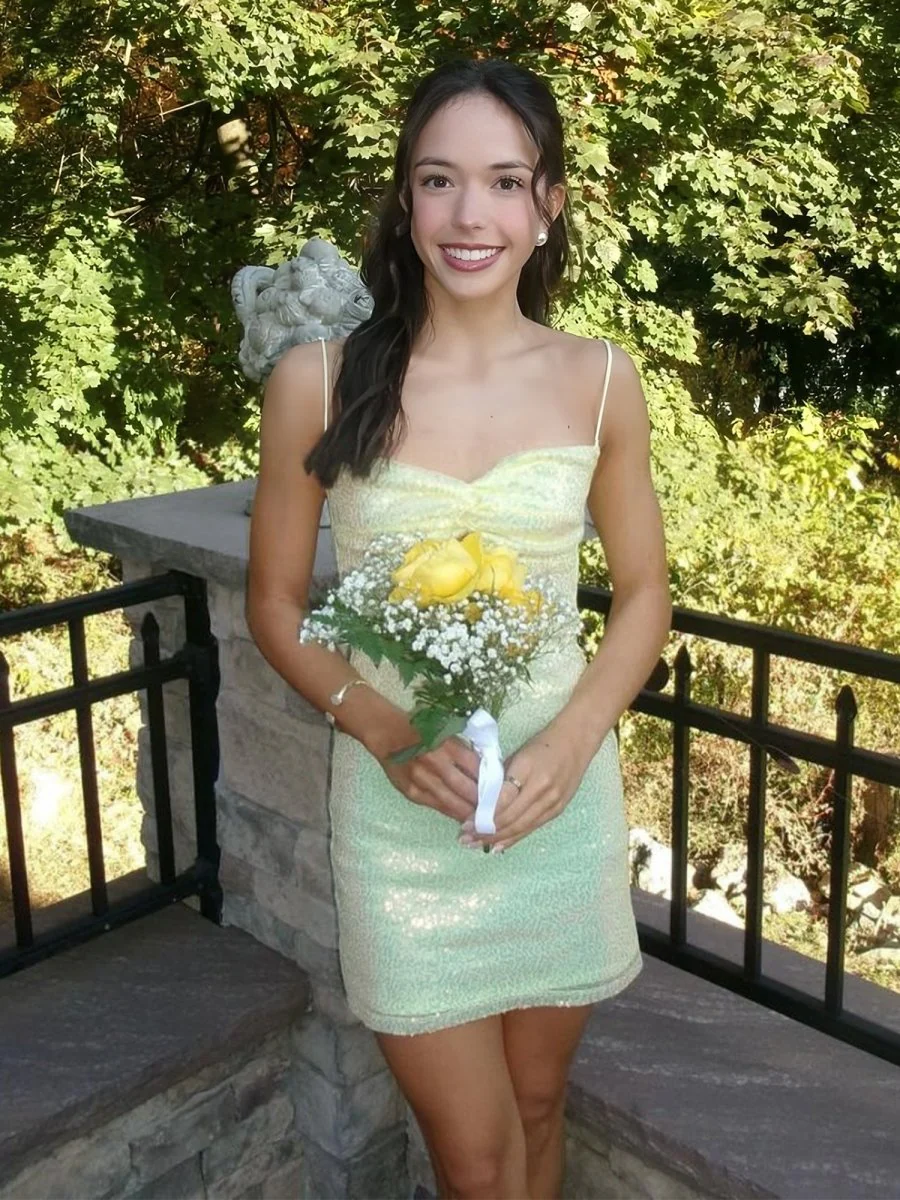 Yellow - Spaghetti Straps Bodycon Sequined Homecoming Dresses With Keyhole