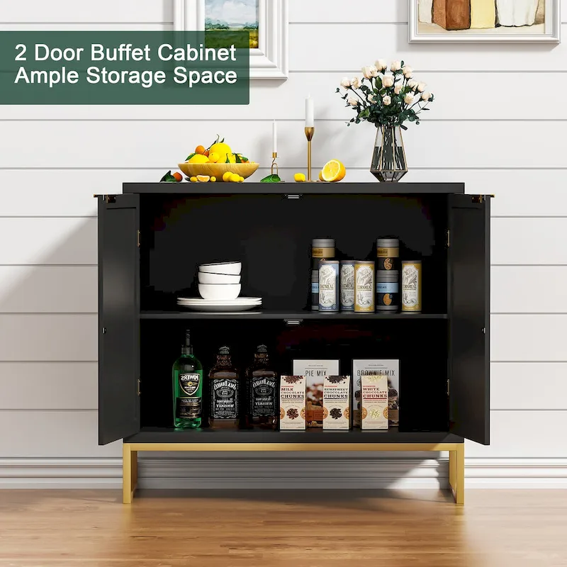 Anmytek Mid-Century Modern 2-Door Black Buffet Sideboard Accent Storage Cabinet with Adjustable Shelves