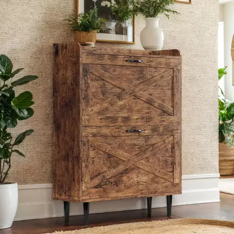 Karl Home 2 Flip 1 Barrier Barn Door Shoe Cabinet Melamine Embossed 31.6In Weathered Wood