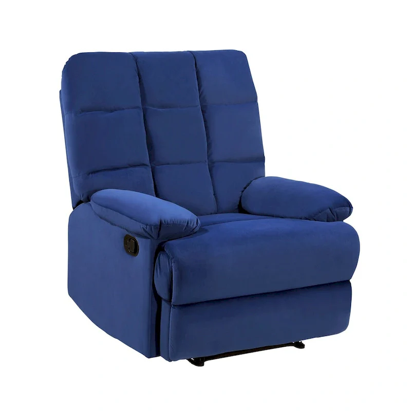 36 Inch Manual Recliner Chair, Blue Velvet Upholstery, Solid Wood Frame