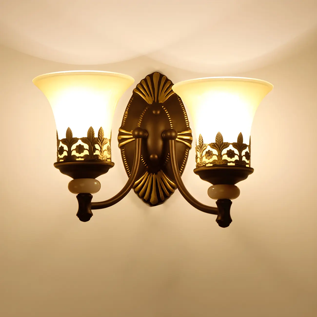 Dark Brown Metal Filigree Retro Flared Glass Wall Sconce