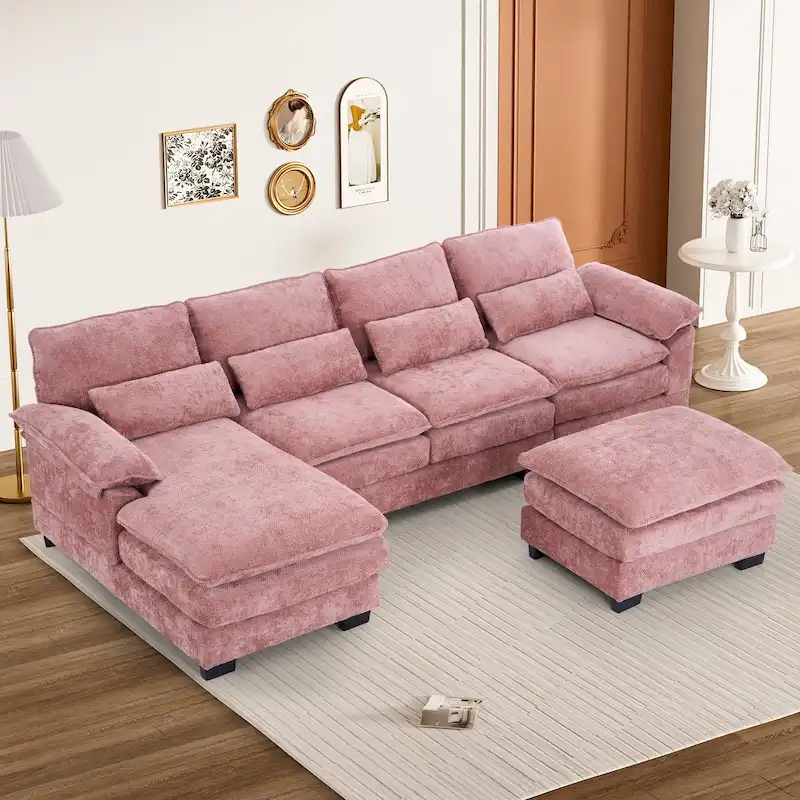 Soft Chenille Fabric U-Shaped Sectional Sofa with Double Layer Cushion
