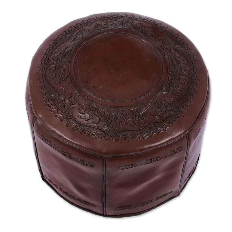 Handmade Spanish Elegance Tooled Leather Ottoman Pouf (Peru)