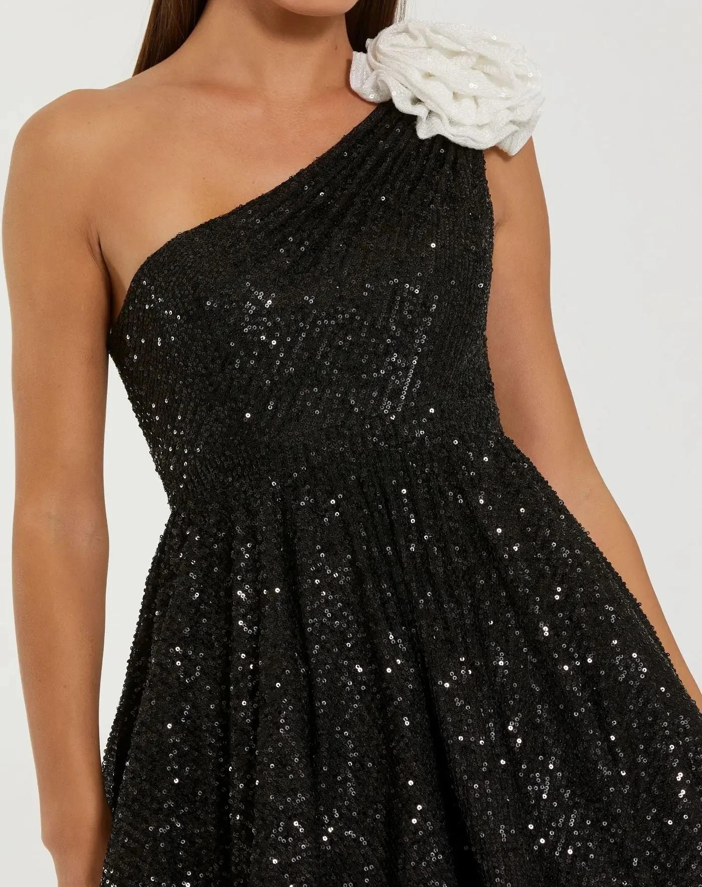 Black One Shoulder Sequin Mini Dress With 3D Flower