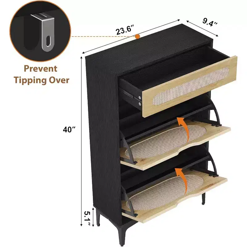 Acekool Rattan Shoe Cabinet with 2 Flip Drawers & 1 Pull-Out Drawer, Adjustable Shelves, Metal Legs, Space-Saving Entryway Storage