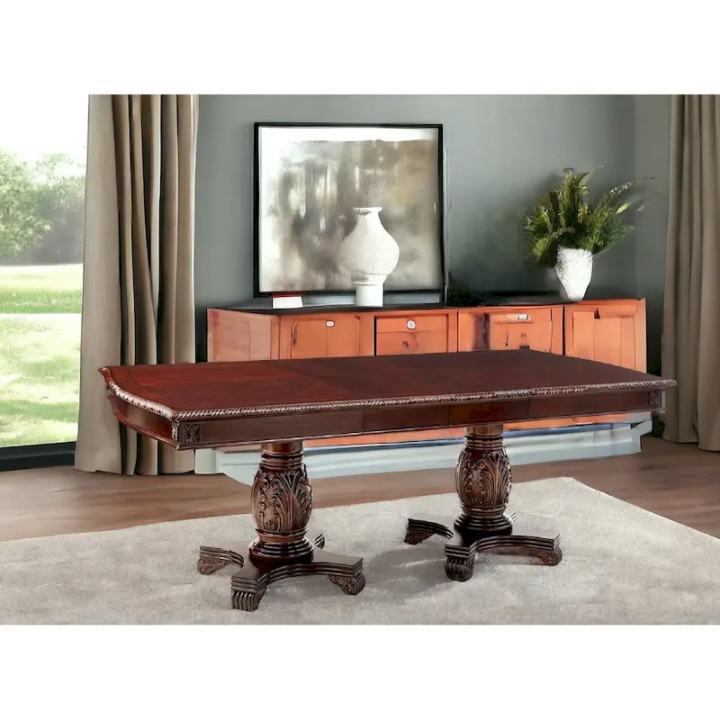 96-Inch Double Pedestal Solid Wood Dining Table – Dark Brown, 96x46 in, Seats 8-10