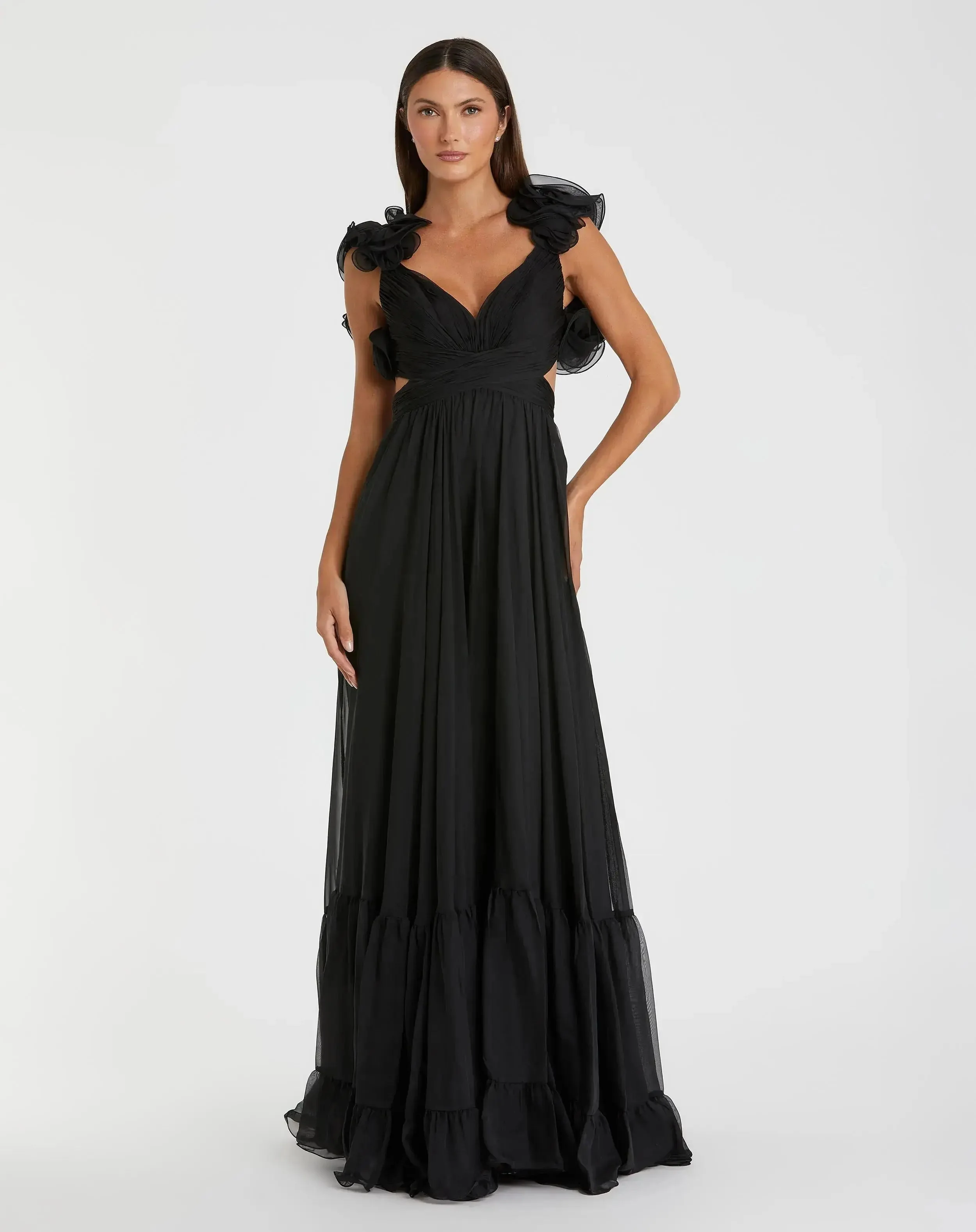 Black Ruffle Tiered Cut-Out Chiffon Gown