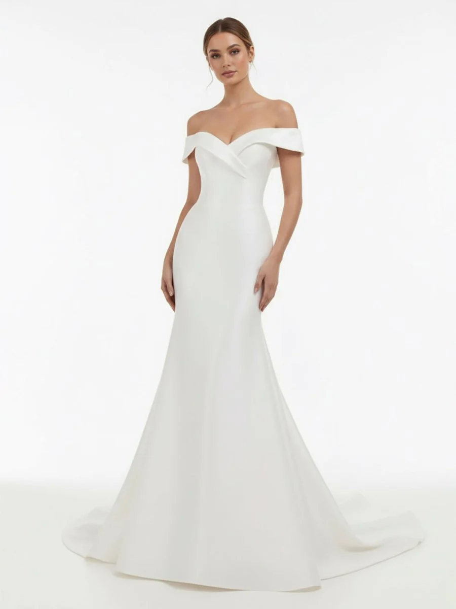 Chic Satin Off the Shoulder Sleeveless Sweep-Train Bridal Dress