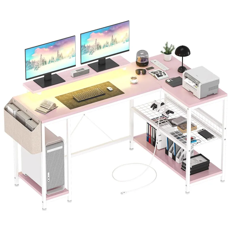 Modern L Shaped Computer Desk with Power Outlets & LED Light