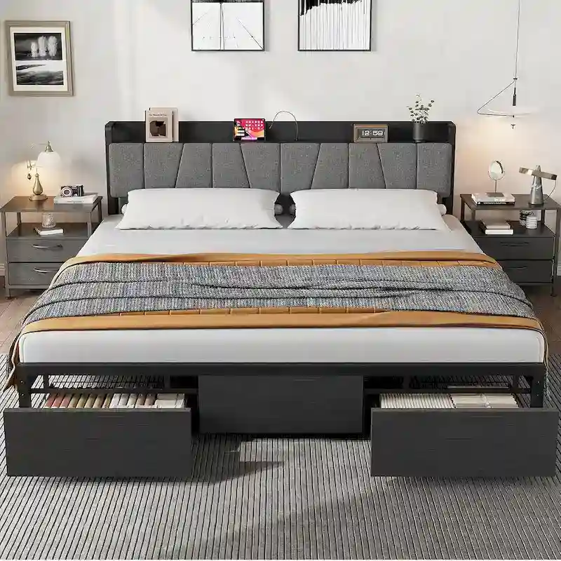Bed Frame with Storage Headboard, Industrial Platform Bed with 2 Large Drawers and Charging Station, Black