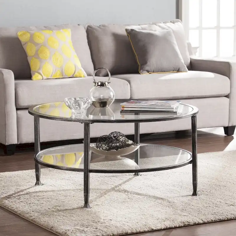 Glenn Distressed Black Metal Round Coffee Table with Glass Top and Shelf