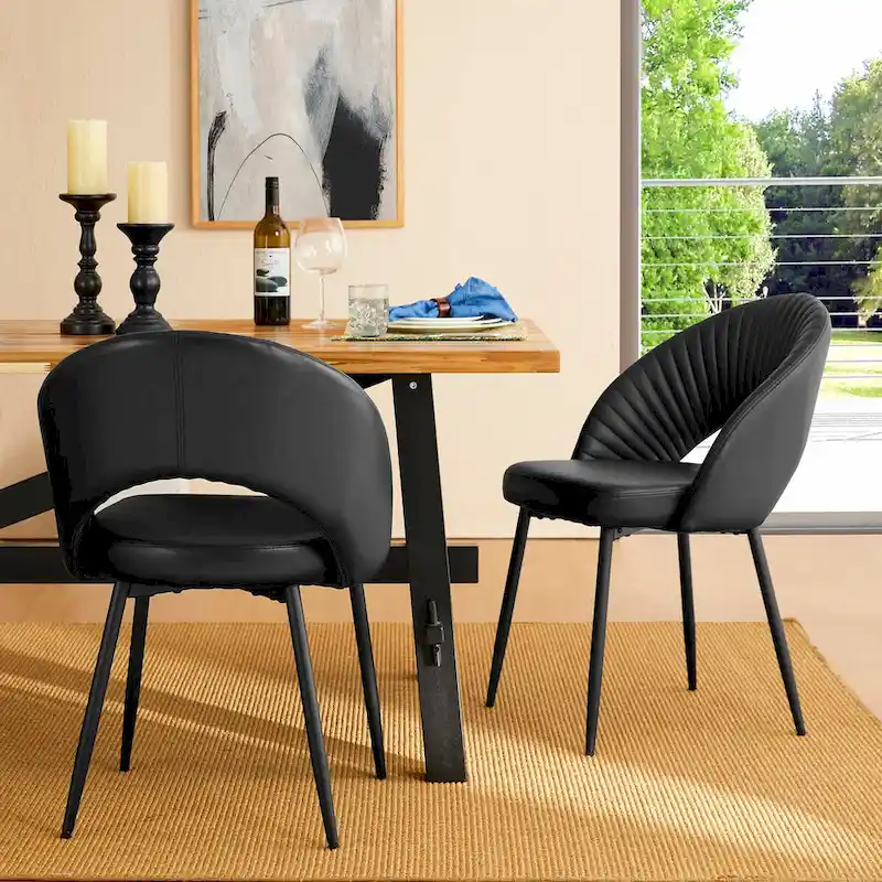 Mid-Century Modern Quilted PU Leather Dining Side Chair with Metal Tapered Legs