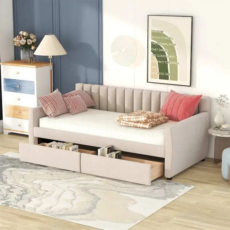 Grey / Beige Velvet Upholstered Daybed with 2 Drawers & Wood Slat Support – Twin / Full