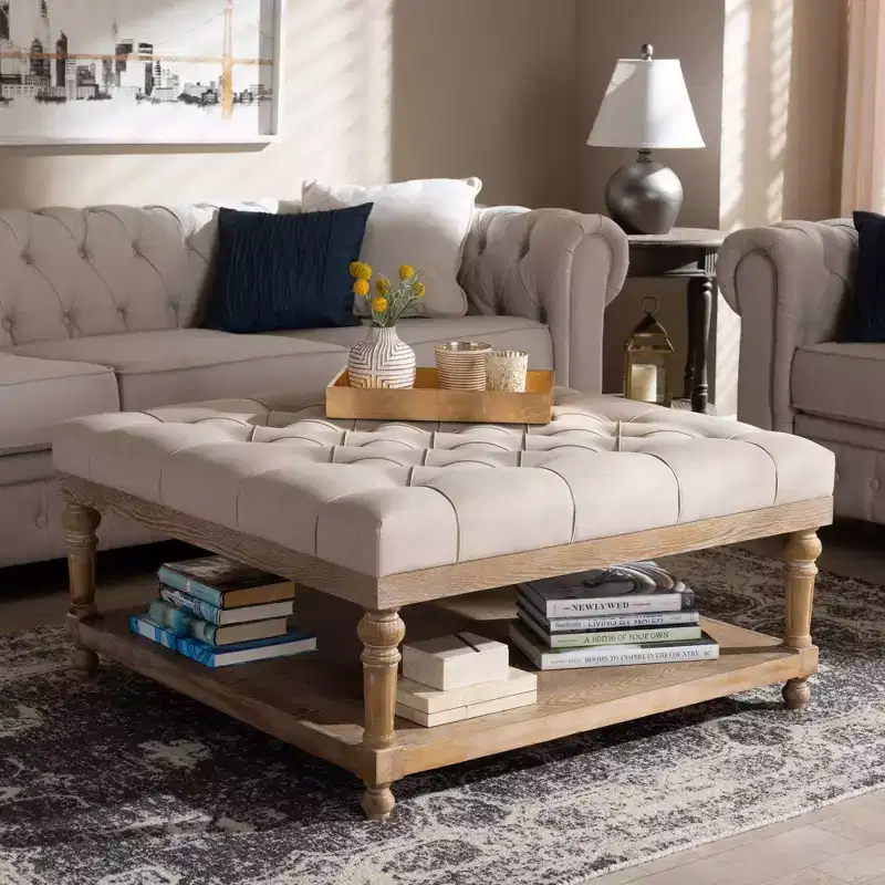 Kelly Linen Fabric Upholstered Wood Cocktail Ottoman - Baxton Studio
