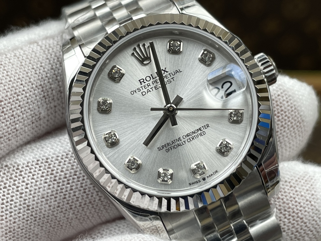 Close-up Rolex Datejust replica diamond dial macro detail
