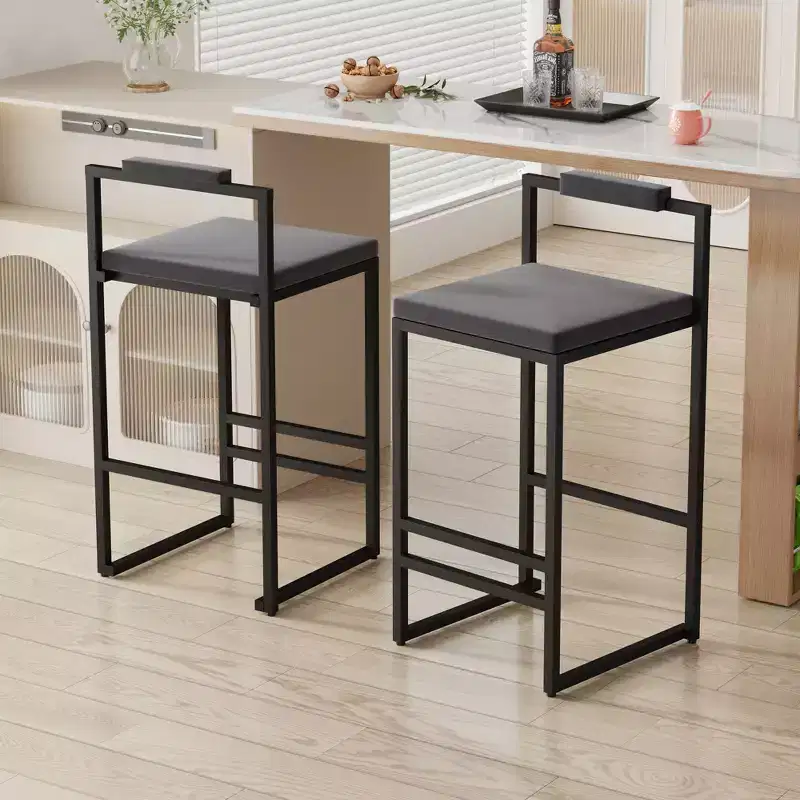 MAYEERTY Set of 2 Velvet Upholstered Bar Stools Counter Height With Footrest Backrest Modern Dining Chairs Black Gray