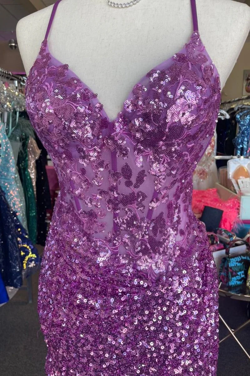 Sparkle Appliques Sequin Bodycon Lilac Mini Party Dresses