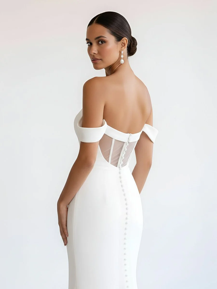 Simple White Mermaid Off-the-Shoulder Boho Wedding Dress