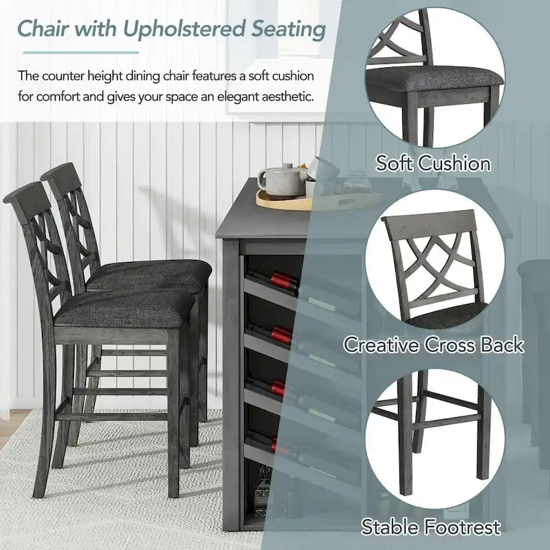 Counter Height 5-Piece Dining Set with Wine Rack, 4 Upholstered Chairs