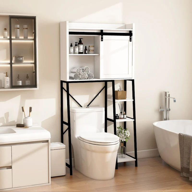 Bathroom Over The Toilet Storage Cabinet With Sliding Barn and Shelves - N/A