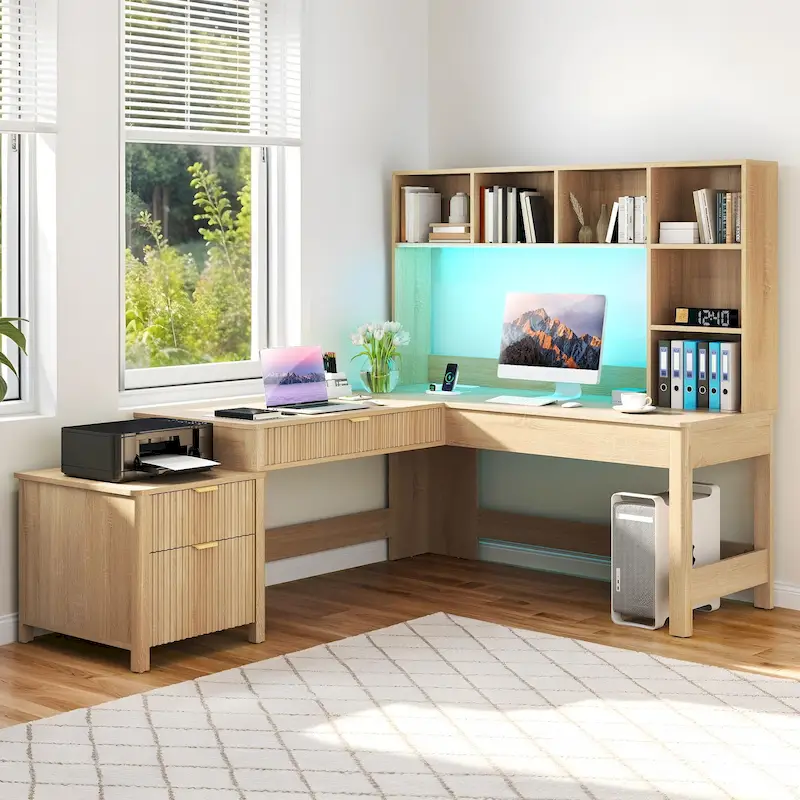 L Shaped Computer Desk with Hutch and Drawers Home Office Desk w/LED Light and Power Outlets
