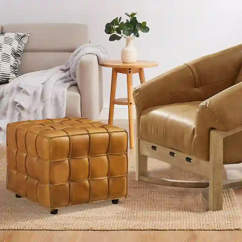 Art Leon Top Grain Leather Square Pouf Ottoman