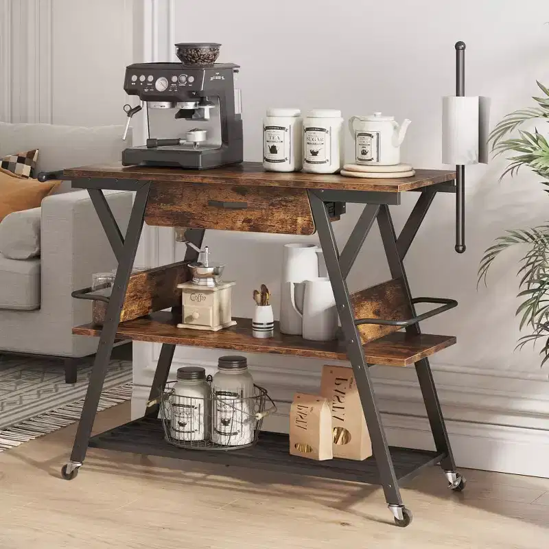 Rustic Brown / Vintage Dark Grey Rolling Kitchen Cart with 3-Tier Shelf, Lockable Wheels