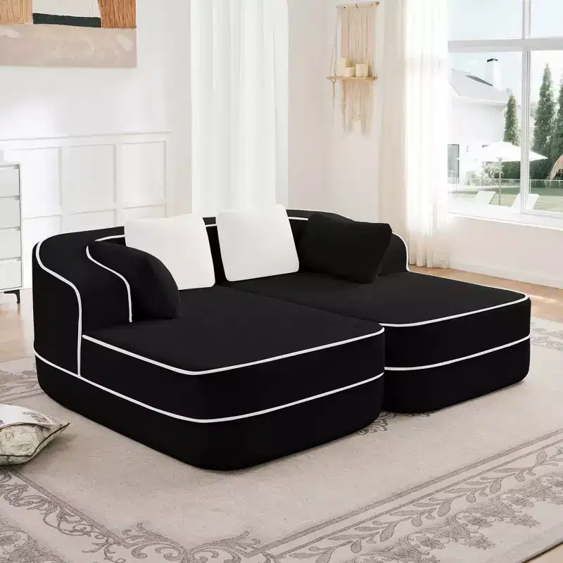 77.2 Teddy Fabric No Assembly 32D High Density sponge Boneless Sofa,Fluffy Comfy Couch with double Chaises,Sleeper sofa for Living Room,White
