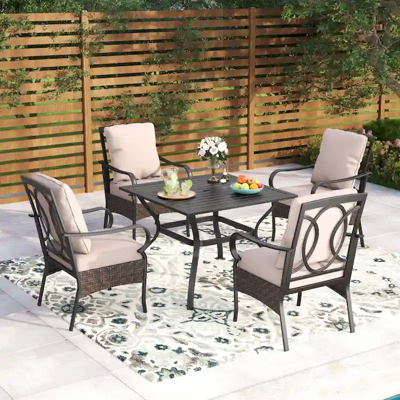 MAISON ARTS Oversized 5-Piece Metal Patio Dining Set with 4 Padded Chairs and Square Table - Black