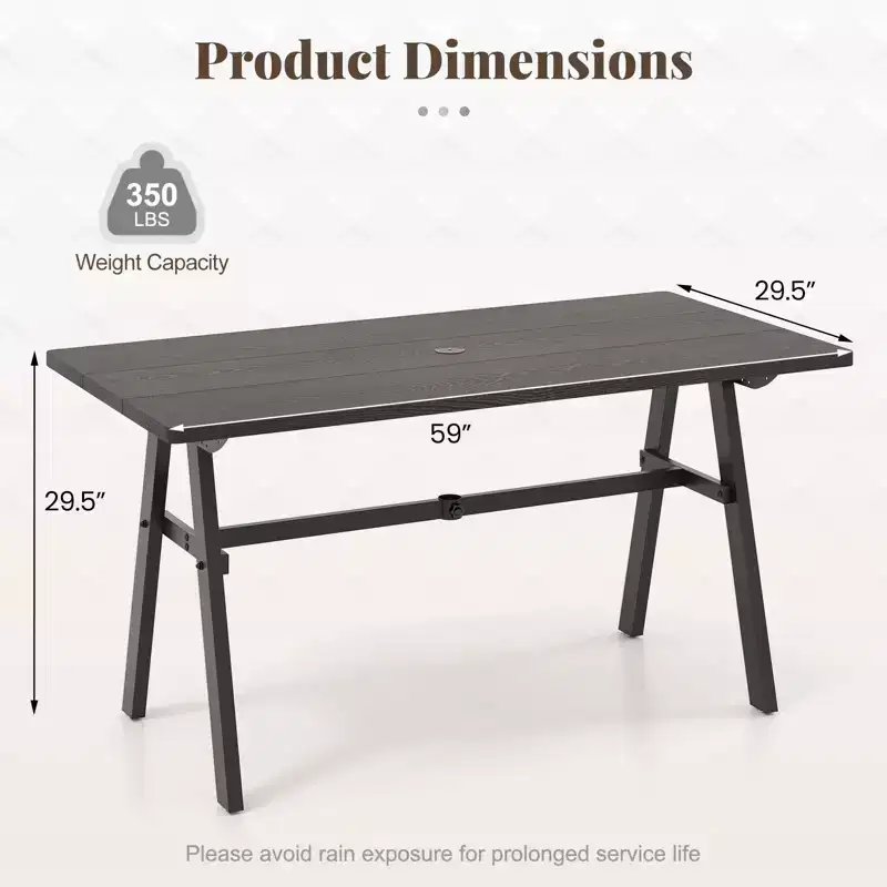 Costway 59 x 29.5 Rectangle Rustproof Patio Dining Table w/ 1.93 Umbrella Hole