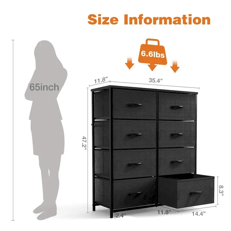 Tall Dresser with 8 Drawers, Fabric Chest of Drawers with Wood Top and Steel Frame