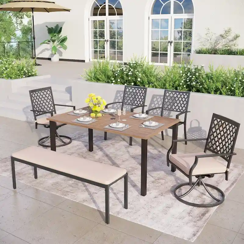 MAISON ARTS Patio Dining Set 6 Pieces with 1 Rectangle Teak Color Table, 2 Swivel Chairs, 2 Stackable Chairs and 1 Bench